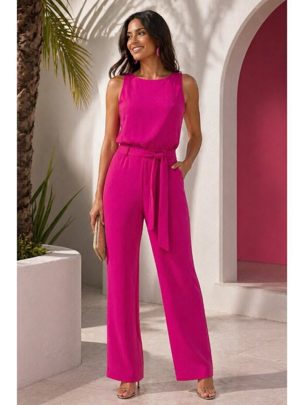 Trina Turk Womens Epoch Jumpsuit Sz 4 Pink Crepe Wide Leg Belted Split Back